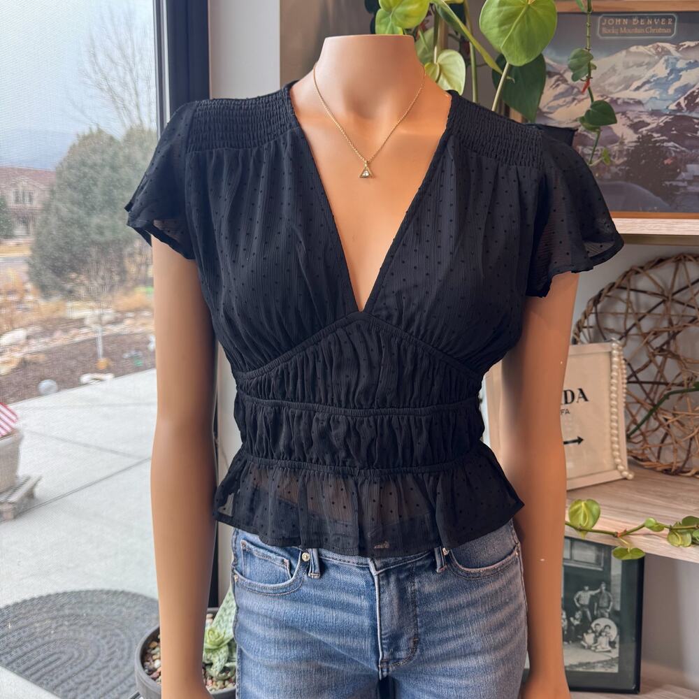 NWT Blue Rain Francesca's Black Swiss Dot Cambella Smocked Peplum Blouse, Small